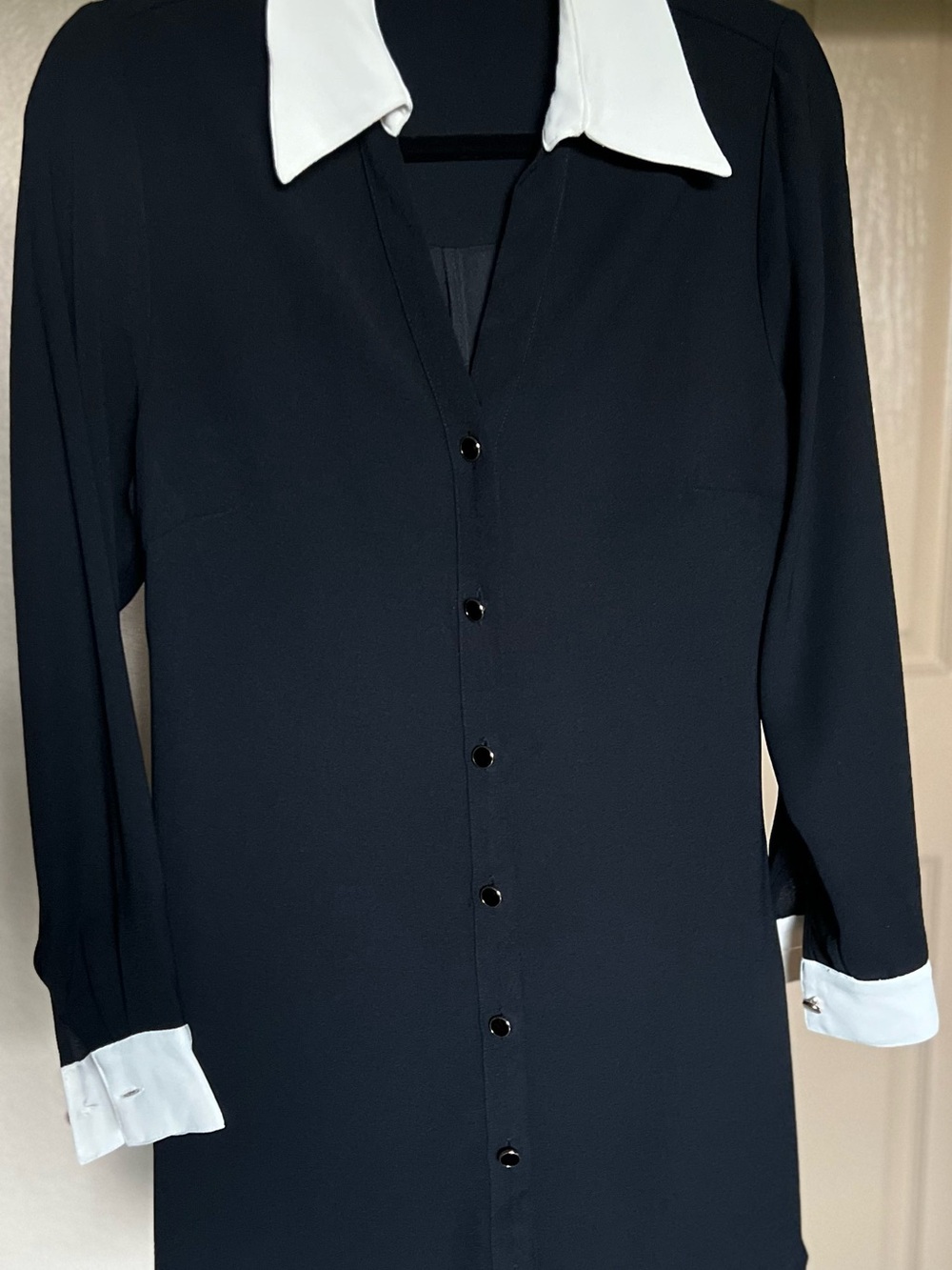 Black Long-Sleeve Button Down Dress with White Collar